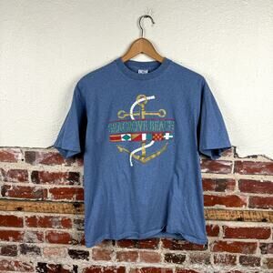 Vintage Seagrove Beach Shirt Sz Large Blue Short Sleeve Anchor Nautical USA 90s